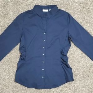 Women's New York & Company Stretch Ruched Long Sleeve Button Shirt Size M Blue
